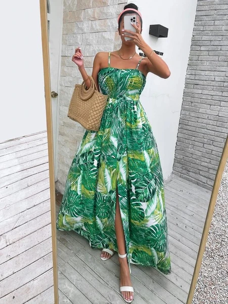 Shein Tropical Print Shirred Split Thigh Cami Dress