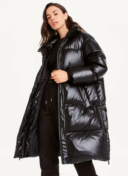 DKNY Faux Leather Long Puffer
