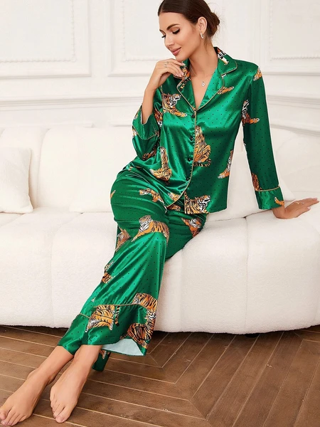 Shein Polka Dot & Tiger Print Contrast Piping Satin PJ Set