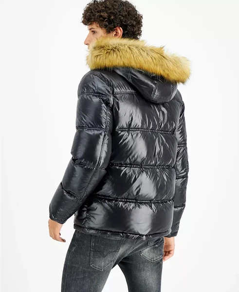 GUESS Men's Puffer Jacket With Faux Fur Hood