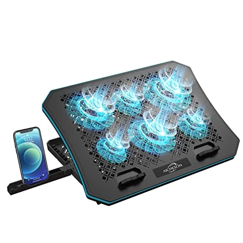 AICHESON Laptop Cooler Pad With 6 Cooling Fans 7 Adjustable Height Stand Blue Led Lights Usb Powered Chill Mat For 15-17.3 Inch Laptops