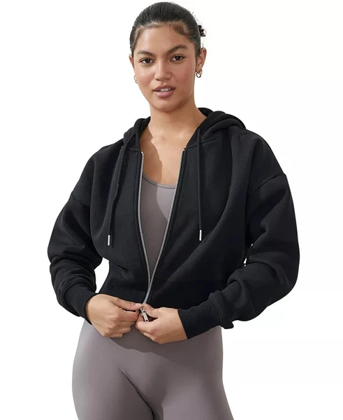 COTTON ON Women's Plush Essential Cropped Full Zip Hooded Fleece Sweatshirt