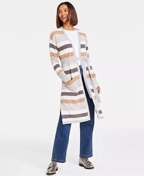 Charter Club Women's 100% Cashmere Striped Belted Duster Cardigan, Regular & Petite