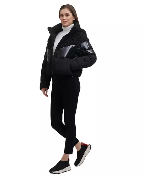 DKNY Women's Mixed-Media Hooded Cropped Puffer Jacket