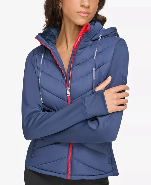 Tommy Hilfiger Sport Women's Hooded Hybrid Puffer Jacket With Sherpa Lined Collar