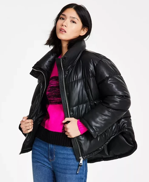 DKNY Jeans Women's Faux-Leather High-Low Hem Puffer Jacket