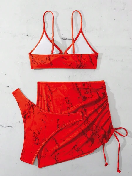 Shein Marble Print Ring Linked Bikini Swimsuit With Beach Skirt