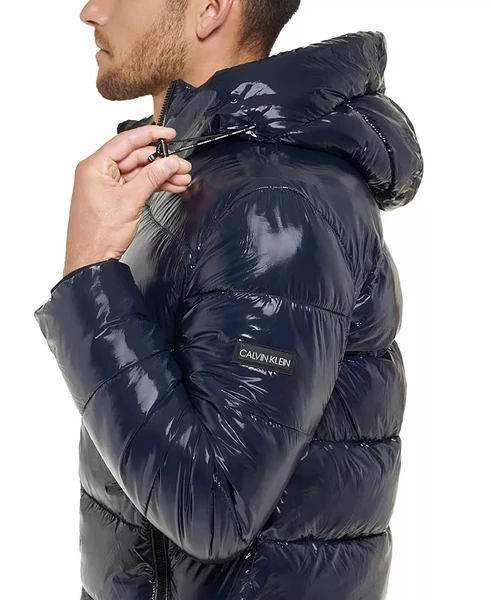 Men's High Shine Hooded Puffer Jacket Mens Shiny Puffer Coat