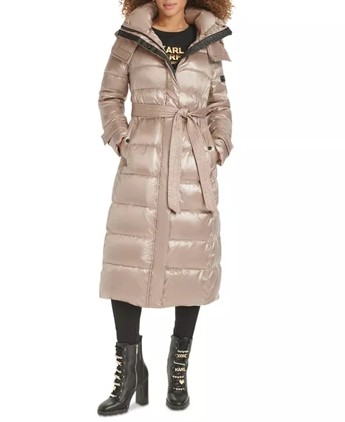 Karl Lagerfeld Paris Women's Belted Hooded Down Puffer Coat