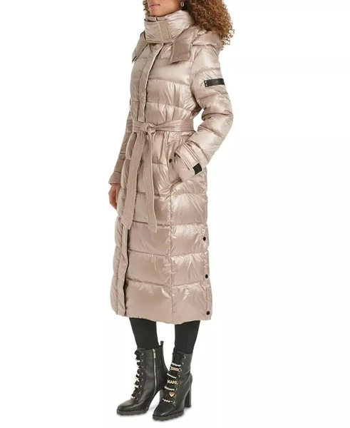 Karl Lagerfeld Paris Women's Belted Hooded Down Puffer Coat