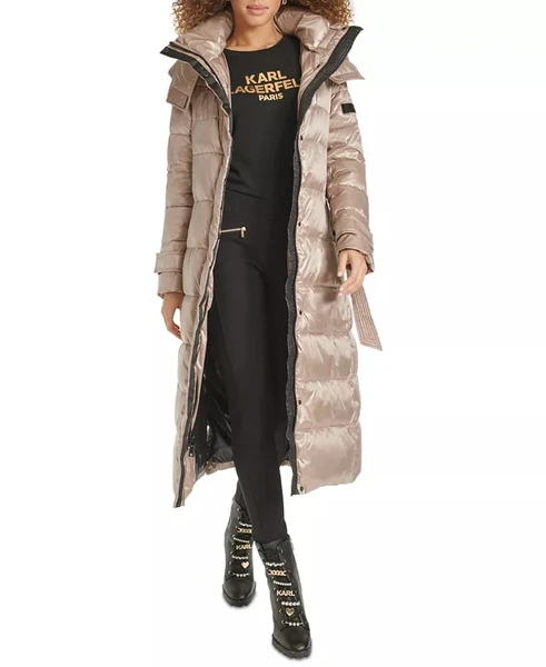 Karl Lagerfeld Paris Women's Belted Hooded Down Puffer Coat